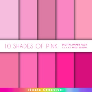 10 Solid Pink 12 x 12 Digital Paper set for Scrapbooking, journalling, Craft Projects. Cute Shades of Pastel, Vibrant and Deep Pinks Bundle