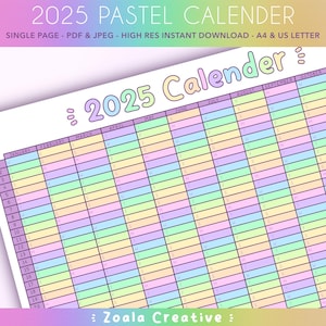 Pastel 2025 Printable Calender - Rainbow Planner - Instant Download Annual Planner - Monthly Organiser - A4 & US Letter size - Cute Planning