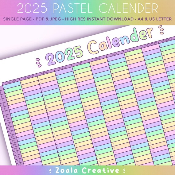 Pastel 2025 Printable Calender - Rainbow Planner - Instant Download Annual Planner - Monthly Organiser - A4 & US Letter size - Cute Planning