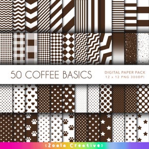 50 motifs de base CAFÉ en papier numérique - Rayures, zigzag, pois, empreintes de pattes, coeur - Lot de 12 x 12 motifs de fond marron et blanc