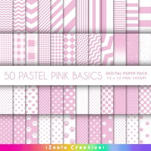 May include: A digital paper pack with 50 pastel pink patterns. The patterns include stripes, polka dots, hearts, stars, paw prints, and more. The pack is 12 x 12 inches and 300 DPI.