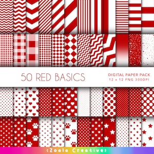 Könnte beinhalten: Ein digitales Papierpaket mit 50 roten und weißen Mustern. Die Muster umfassen Streifen, Punkte, Herzen, Sterne, Pfotenabdrücke und mehr. Das Paket enthält 12 x 12 PNG-Dateien mit 300 DPI.