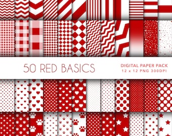 Papel digital con 50 patrones básicos en blanco y rojo: rayas, zigzag, lunares, estrellas, huellas de patas y corazones. Paquete de patrones de fondo Mega de 12 x 12
