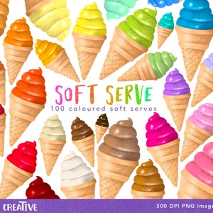 100 Colour Soft Serve PNG bundle for card making, scrapbooking. Red, Orange, Yellow, Teal, Blue, Purple, Pink, Brown, Black ice cream cone