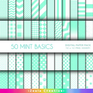 May include: A set of 50 digital paper patterns in mint green and white. The patterns include stripes, polka dots, hearts, stars, and paw prints. The text "50 Mint Basics" and "Digital Paper Pack 12 x 12 PNG 300DPI" is included in the image.