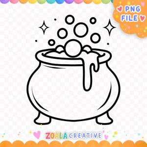 May include: A black and white line art illustration of a round cauldron with three short legs. The cauldron contains bubbling liquid with foam dripping over the rim. Several circular bubbles and two four-pointed star shapes float above.