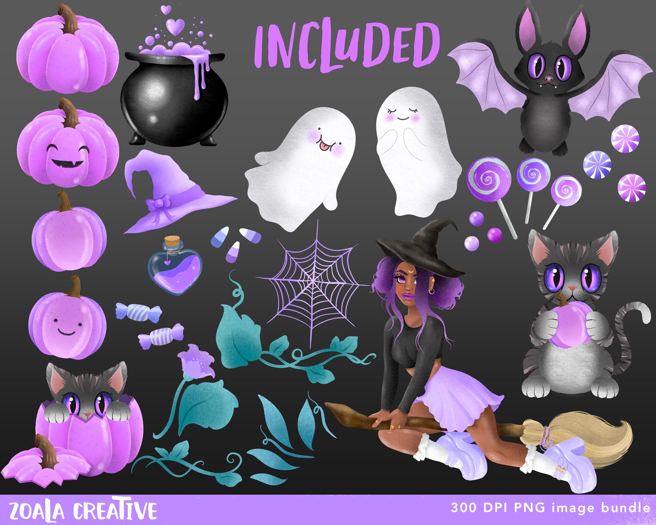 PURPLE HALLOWEEN - Textured PNG Clipart Bundle, Spooky Witch ...