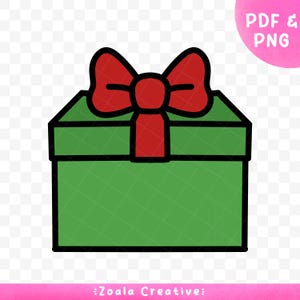May include: A green gift box with a red bow. The box has a black outline and a diamond pattern. The text "PDF & PNG" is in a pink circle in the upper right corner. The text "Zoala Creative" is at the bottom.