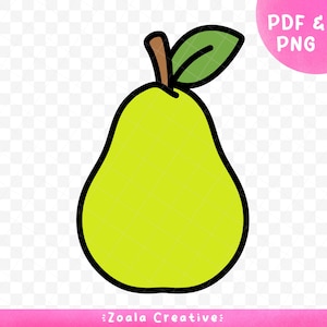 May include: A cartoon illustration of a green pear with a black outline. The pear has a brown stem and a green leaf. The words "PDF & PNG" are in a pink circle in the upper right corner. The text "Zoala Creative" is at the bottom.