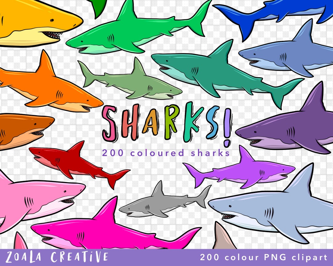 200 Colour Cartoon Shark PNG Clipart Set for Kids Craft, Stickers ...