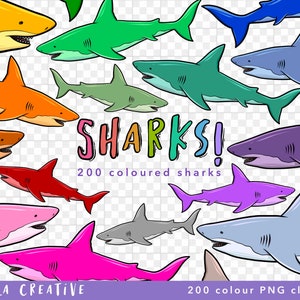 200 Colour Cartoon Shark PNG clipart set for kids craft, stickers, scrapbooking. Red, Orange, Yellow, Green, Teal, Blue, Purple, Pink, Brown