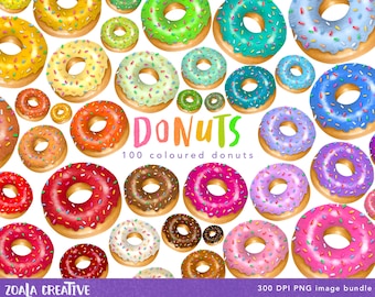 100 Colour Donut with Sprinkle PNG clipart bundle for card making, scrapbooking. Red, Orange, Yellow, Teal, Blue, Purple, Pink, Brown, Black
