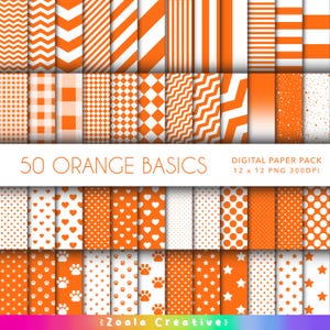 May include: A digital paper pack with 50 orange and white patterns. The patterns include stripes, polka dots, hearts, stars, paw prints, and more. The pack is 12 x 12 inches and 300 DPI.