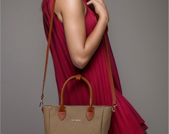 New canvas bag, with leather strap as a small shoulder bag, crossbody, summer bag, beach bag Modern evening bag Gifts for women