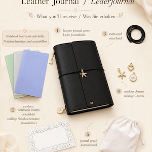 Personalized trifold A5 journal made of genuine leather, refillable travel journal notebook with individual foil embossing of the name.