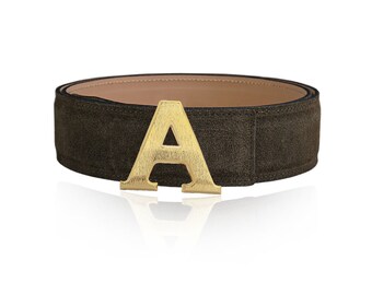Reversible Belt Leather Belt Suede Belt Green 40 mm 1.5" with Belt A-Buckle with Personalized Belt Buckle Christmas Gift