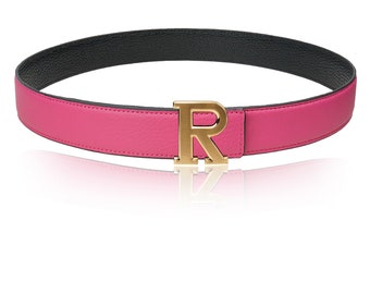 Reversible Belt Leather Belt with Pink 32mm 1.25" with Belt R Buckle with Personalized Belt Buckle Christmas Gift