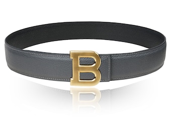 Reversible Belt Leather Belt Grey 32 mm 1.25" with Belt B-Buckle with Personalized Belt Buckle Christmas Gift