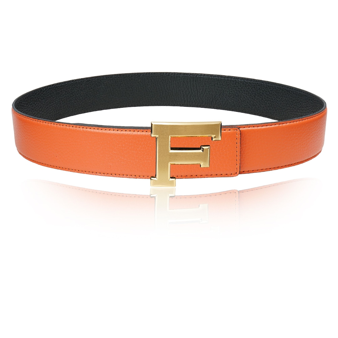 Reversible Belt Leather Belt With Orange 32 Mm 1.25 With Belt F-buckle ...
