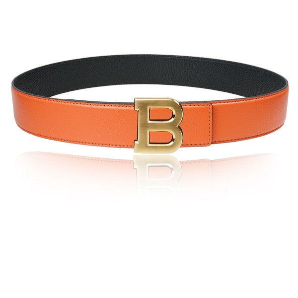 Reversible Belt Leather Belt Orange with 32 mm 1.25" with Belt B-Buckle with Personalized Belt Buckle Christmas Gift