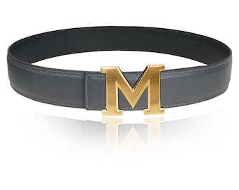 Reversible Belt Leather Belt Grey 32 mm 1.25" with Belt M-Buckle with Personalized Belt Buckle Christmas Gift