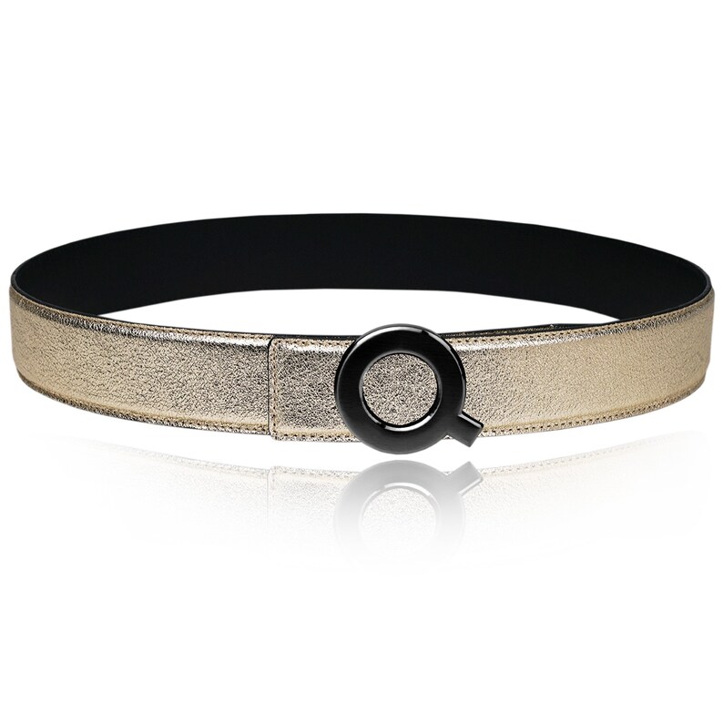 May include: A gold-colored leather belt with a black, letter Q-shaped buckle.