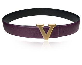 Reversible Leather Belt Plum 32 mm 1.25" with Belt V-Buckle with Personalized Belt Buckle Christmas Gift