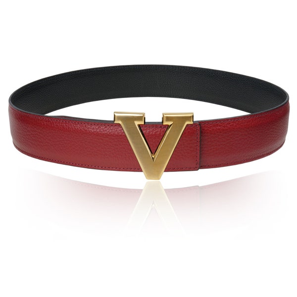 Reversible belt leather belt with Bordeaux 32 mm 1.25" with belt V-buckle with personalized belt buckle Christmas gift