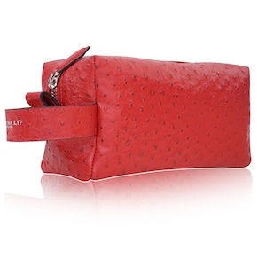 Straußenleder Rot Leder Kulturtasche, Dopp Set, Kosmetiktasche, Rasiertasche, Badezimmertasche, Geschenk für Sie und Hin als Ostergeschenk