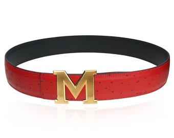 Reversible Belt Ostrich Leather Red 32 mm 1.25" with Belt M Buckle with Personalized Belt Buckle Christmas Gift