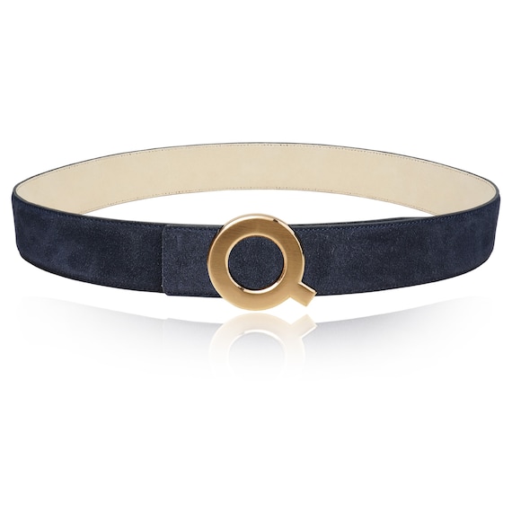 Midnight Blue Suede Gold Buckle Belt Classic Narrow Navy Blue Suede Gold Prong Belt – Elliot  main image 4