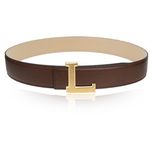 Cinturón de cuero reversible con hebilla en L marrón de 32 mm y 1,25" con hebilla de cinturón personalizada Regalo de Navidad