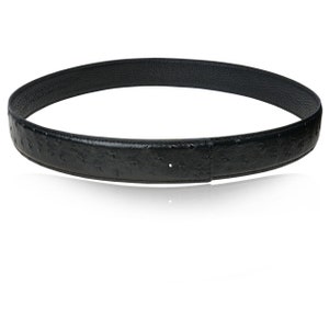 May include: A black leather belt with an ostrich skin pattern.