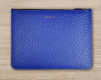 Classic leather clutch bag ostrich leather electric blue for everyday & evening