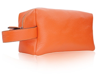 Orange Leather Cosmetic Bag Dopp Set, Toiletry Bag, Shaving Bag, Bathroom Bag Gift for You and Hin as Easter Gift