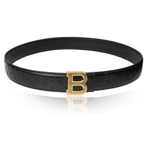 Reversible Belt Ostrich Leather Black 32 mm 1.25&quot; with Belt B-Buckle with Personalized Belt Buckle Christmas Gift