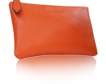 Orange leather pencil case for pens as a gift for father, mother, friend or as a small cosmetic bag