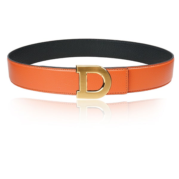 Reversible Belt Leather Belt with Orange 32 mm 1.25" with Belt D-Buckle with Personalized Belt Buckle Christmas Gift