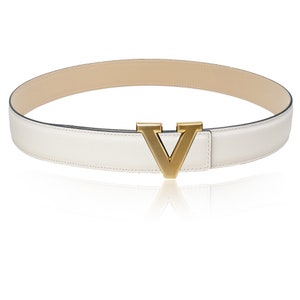 Reversible Leather Belt Beige White 32 mm 1.25&quot; with Belt V-Buckle with Personalized Belt Buckle Christmas Gift