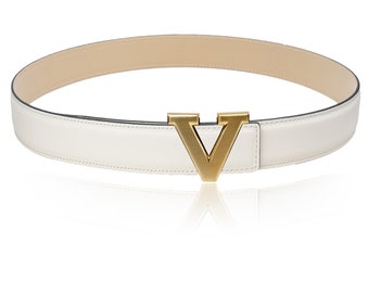 Cinturón de cuero reversible beige blanco 32 mm 1,25" con cinturón V-hebilla con hebilla de cinturón personalizada regalo de Navidad