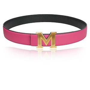 Reversible Leather Belt with Pink 32 mm 1.25&quot; with Belt M-Buckle with Personalized Belt Buckle Christmas Gift