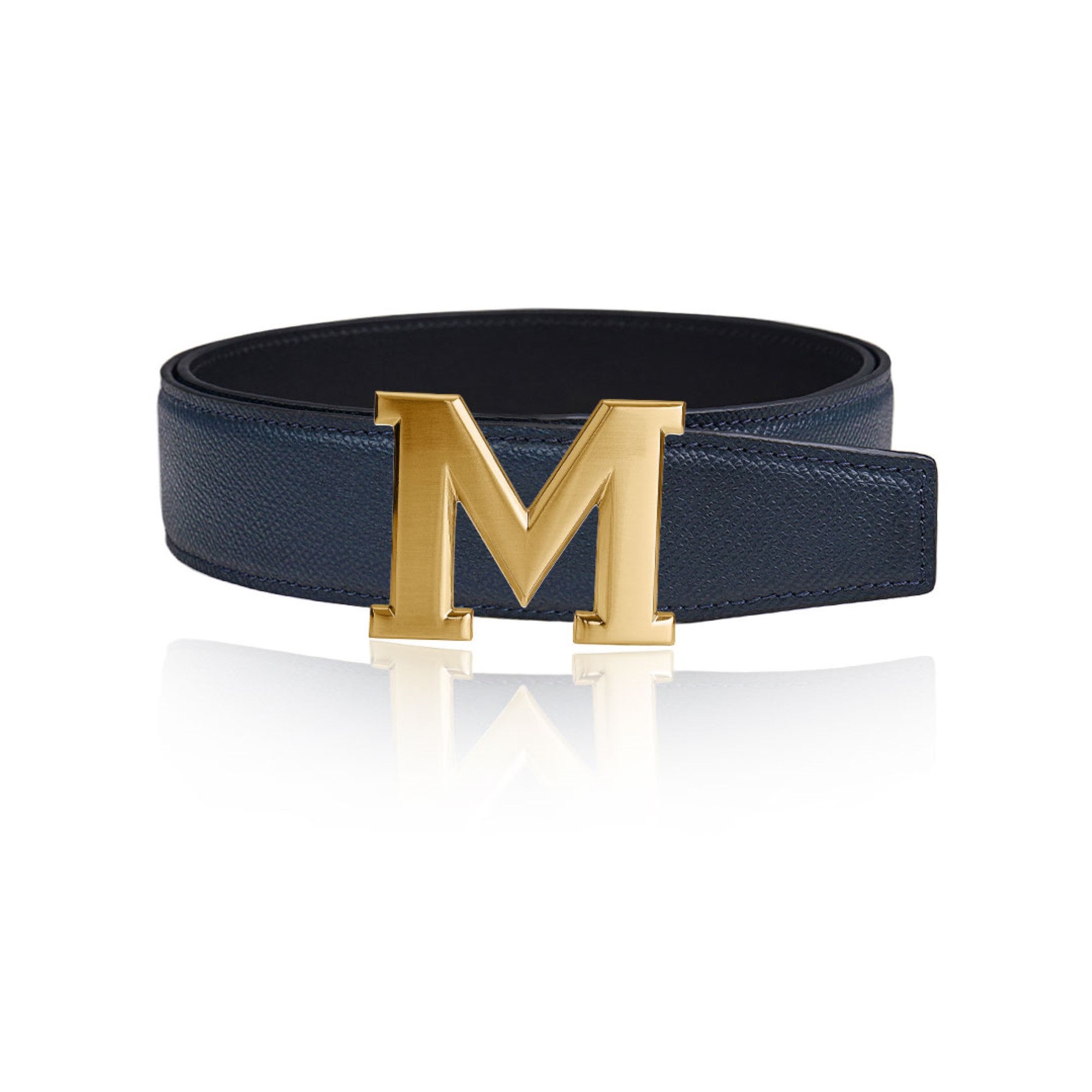 MCM Women's Blue & Gold Leather 'M' Buckle Belt Fit All Sizes