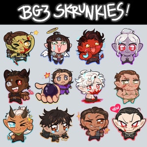 Puede incluir: Un conjunto de 10 scrunchies de colores con temática de personajes de dibujos animados. Los personajes son todos del videojuego Baldur's Gate 3. Los scrunchies son de diferentes colores y tienen diferentes diseños. Los scrunchies están todos en fila sobre un fondo blanco. El texto "BG3 SKRUNKIES!" está en la parte superior de la imagen.