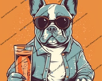 Frenchie Art with Sunglasses and Drink PNG (2 Designs)