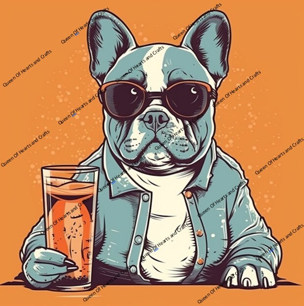 Frenchie Art With Sunglasses and Drink PNG 2 Designs - Etsy