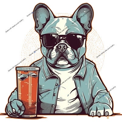 Frenchie Art With Sunglasses and Drink PNG 2 Designs - Etsy