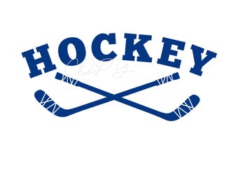 May include: Blue and white hockey stick graphic with the word "HOCKEY" in bold blue letters.
