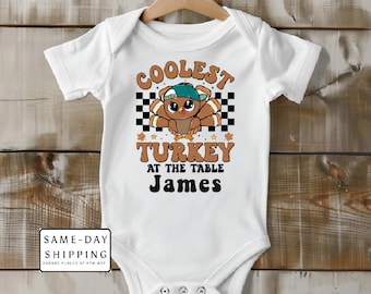 Coolest turkey at the table baby boy bodysuit | first Thanksgiving | 1st turkey day