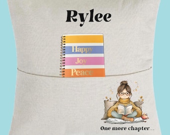 Book lover pillow gift Book pillow pocket pillow case personalized | custom book reader | glasses holder | just one more chapter | girl gift