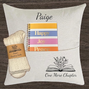 Book lover pillow gift Book pillow pocket pillow case personalized with cozy socks custom book reader glasses holder | one more chapter gift